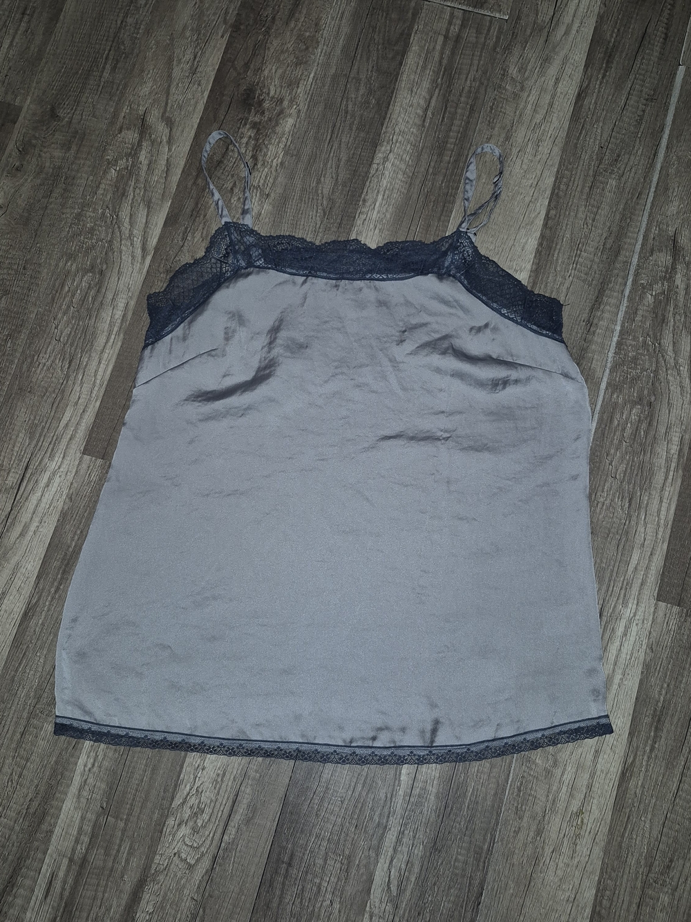 CAbi Gray Satin Camisole with Navy Blue Lace Trim